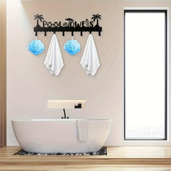 1 PC A very practical modern pool towel rack made of handmade iron with 8 hooks for storage, rust proof wall mounted spa beach decoration, black coating luxury vacation storage, adding a sense of deli-2