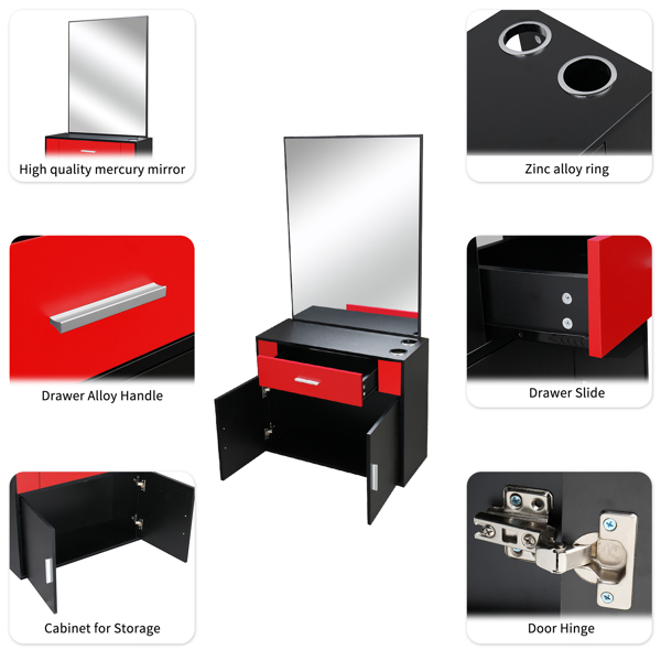 15% E0 chipboard linen top 1 drawer 1 door with mirror Salon cabinet black and red【Same code 89091188】-10