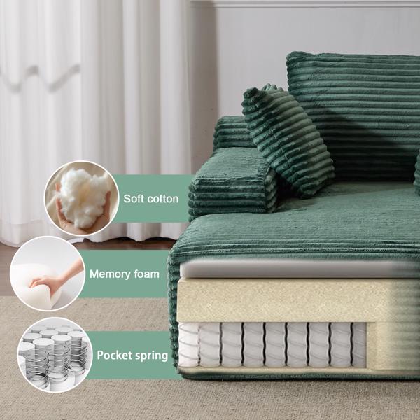 Oversized Chaise Lounge Chair Cozy Cloud Couch, Modern Plush Corduroy Upholstered Sleeper Sofa Daybed with 3 Throw Pillows and Wide Armrest for Living Room, No Assembly Required,Green-6
