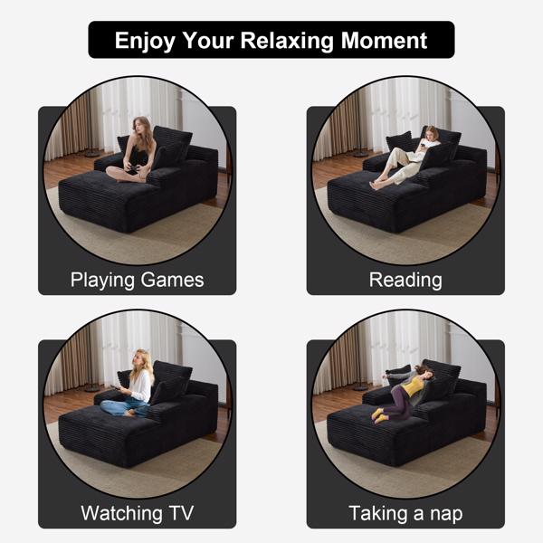 Oversized Chaise Lounge Chair Cozy Cloud Couch, Modern Plush Corduroy Upholstered Sleeper Sofa Daybed with 3 Throw Pillows and Wide Armrest for Living Room, No Assembly Required,Black-4