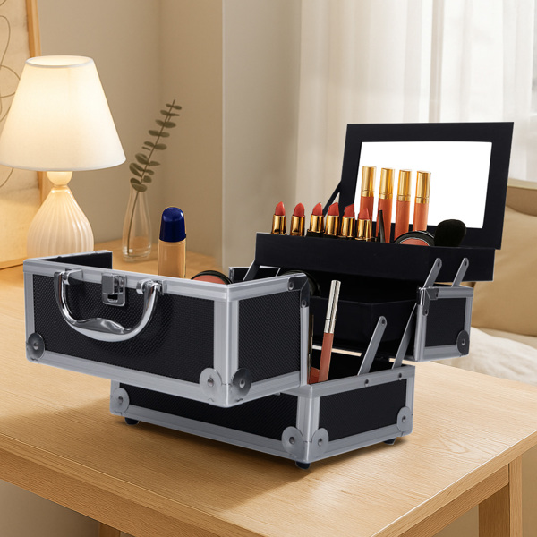 SM-2176 Aluminum Makeup Train Case Jewelry Box Cosmetic Organizer with Mirror 9"x6"x6" Black-13