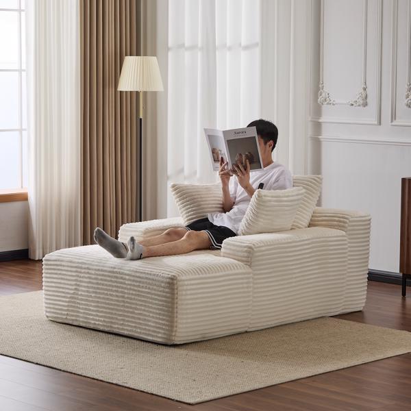 Oversized Chaise Lounge Chair Cozy Cloud Couch, Modern Plush Corduroy Upholstered Sleeper Sofa Daybed with 3 Throw Pillows and Wide Armrest for Living Room, No Assembly Required,White-7