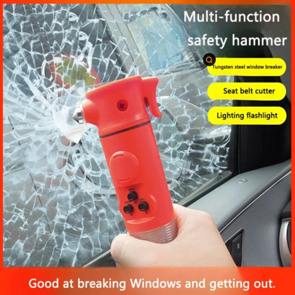 Red Multi-functional car safety hammer with Flashlight-1