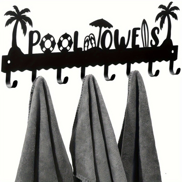 1 PC A very practical modern pool towel rack made of handmade iron with 8 hooks for storage, rust proof wall mounted spa beach decoration, black coating luxury vacation storage, adding a sense of deli-1