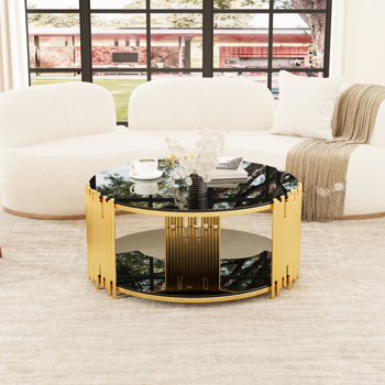 Modern minimalist light luxury style stainless steel circular coffee table, black tempered glass countertop, living room coffee table 