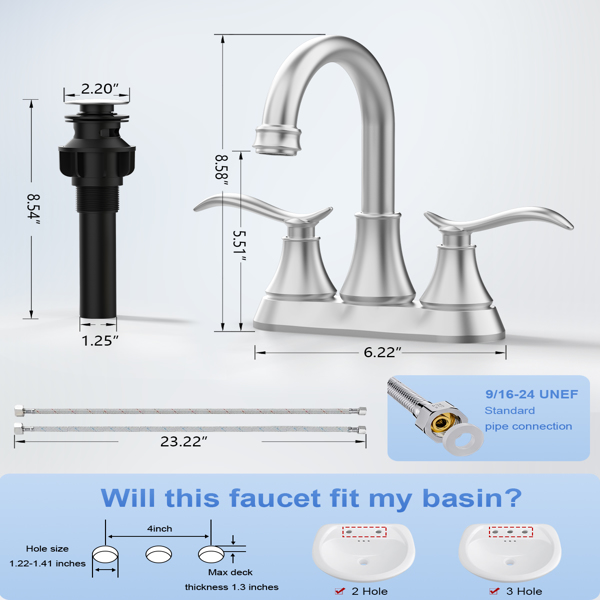 Bathroom Faucet Brushed Nickel with Pop-up Drain & Supply Hoses 2-Handle 360 Degree High Arc Swivel Spout Centerset[Unable to ship on weekends,usps/fedex]-7