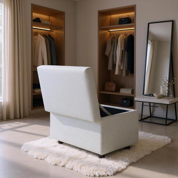 Light Gray Linen-Textured Storage Ottoman with Rubber Feet – 63×43×43cm Bench for Entryway, Bedroom or Living Room-6