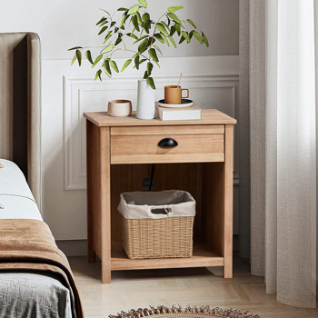 Oak color P2 density board + solid wood veneer frame 56*45*65cm one drawer with lower compartment bedside table mid-century modern