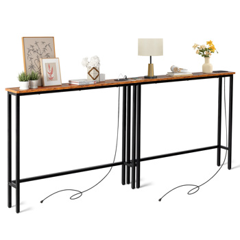 2 Pack 39.4" Narrow Console Sofa Table with Power Outlets and USB Ports, Long Couch Table with Metal Frame and Charge Station with 4.9ft Extension Cord, Rustic Brown