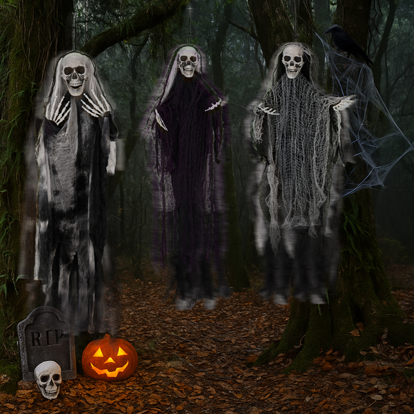 3 Pack Hanging Halloween Skeleton Ghosts Decorations, Grim Reapers for Best Halloween Outdoor Decorations-3