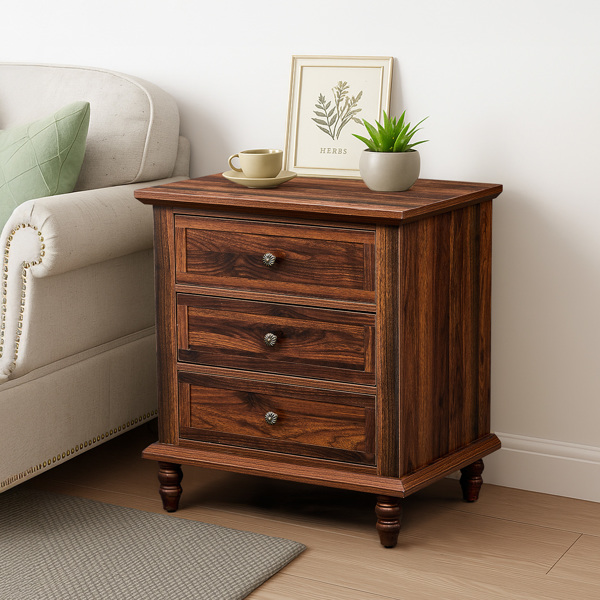 Brown P2 particle board with 3D paper + solid wood legs 63*44.5*68.5CM three drawers bedside table 1pcs-21