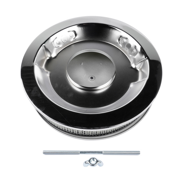 14" x 3" 14 Full Finned Aluminum Round Air Cleaner Air Filter Kit Polished with a Recessed Base and Paper Element Fits Single Quad Carburetors with 5-1/8" Neck 5" Steel Mounting Stud-6