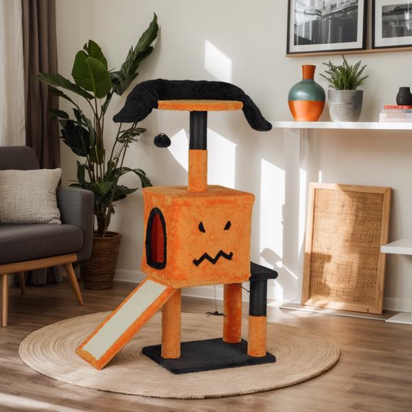 39.4" Halloween Cat Tree, Cat Tower Cat Tree for Indoor Cats with Spacious Cat Condo, Sisal Scratching Posts, Hanging Toys, Orange & Black-8