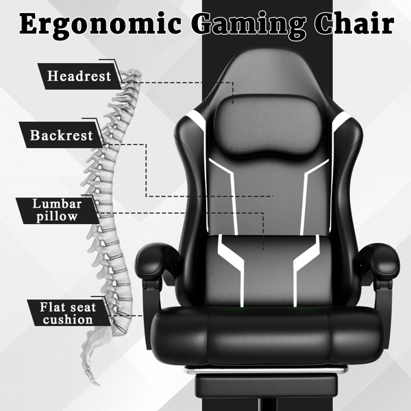 Ergonomic Gaming Chair, Video Game Chair with Pocket Spring Cushion and Footrest, Height Adjustable Computer Chair with Swivel Seat and Headrest (Faux Leather, Off-White)-4