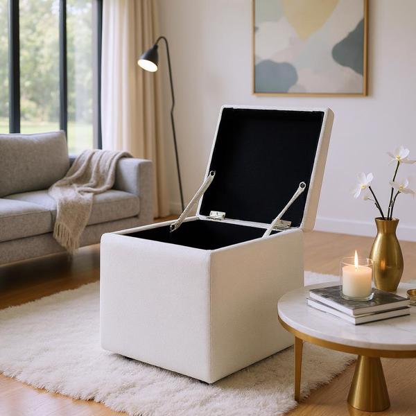 Beige Linen-Textured Storage Ottoman with Black Rubber Feet – Compact Square Seat with Hidden Storage, 42×42×44cm-6