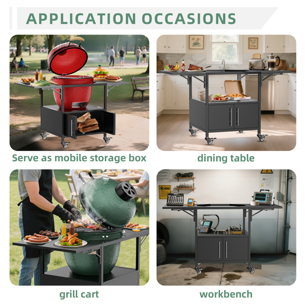 户外烧烤桌，适用于 Big Green Egg 式烧烤炉，金属烧烤车，带 2 个折叠面板，可与高达 Large Green Egg 的 Kamado Joe Jr 兼容-6