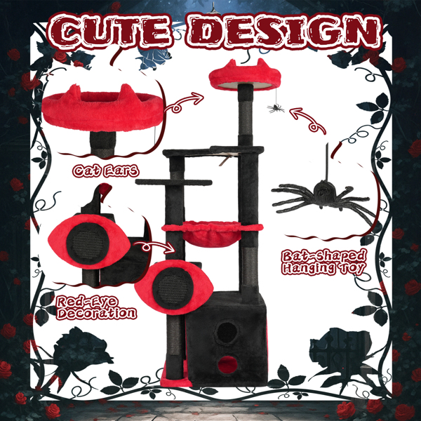 53" Large Cat Tree, Gothic Cat Tower with Padded Perch, Spacious Condo, Comfy Hammock, Scratching Post, Hanging Toy for Indoor Cats, Red & Black-5