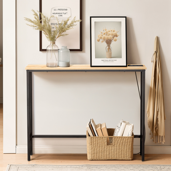 39.4" Narrow Console Sofa Table with Power Outlets and USB Ports, Skinny Couch Table with Metal Frame and Charge Station with 4.9ft Extension Cord, Oak-5