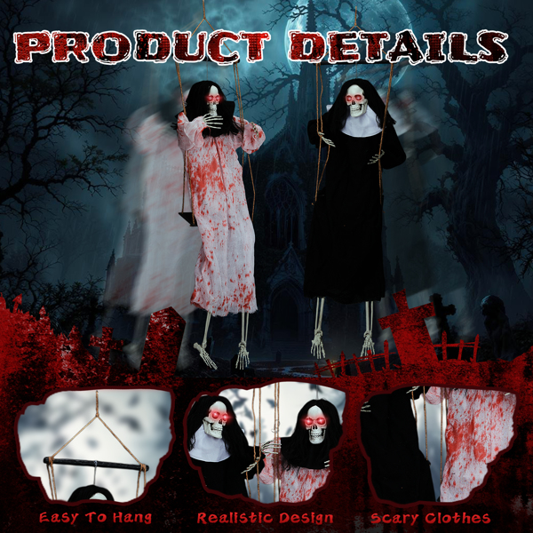 Outdoor Halloween Decorations 2 Packs Hanging Ghosts Decor with Lighted Up Eyes and Horror Scream, 3ft Scary Grim Reaper Swinging Ghost Flying for Yard Patio Lawn Garden-5