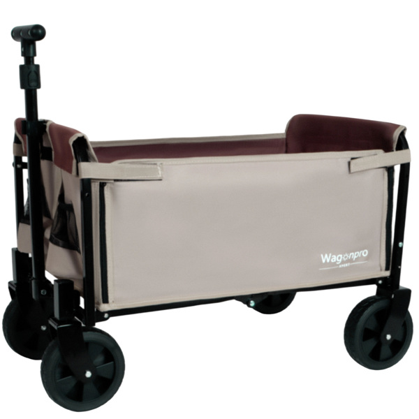 All-in-One Convertible Folding Camping Wagon Cart: Bench Seat, Storage Compartment & Included Dog Tether, Beige/Brown -1