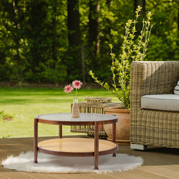 31.5in Rattan Coffee Table with Glass Top, Round End Table, Boho Style Side Table Sofa End Table for Living Room Balcony Patio, Walnut Finish-6