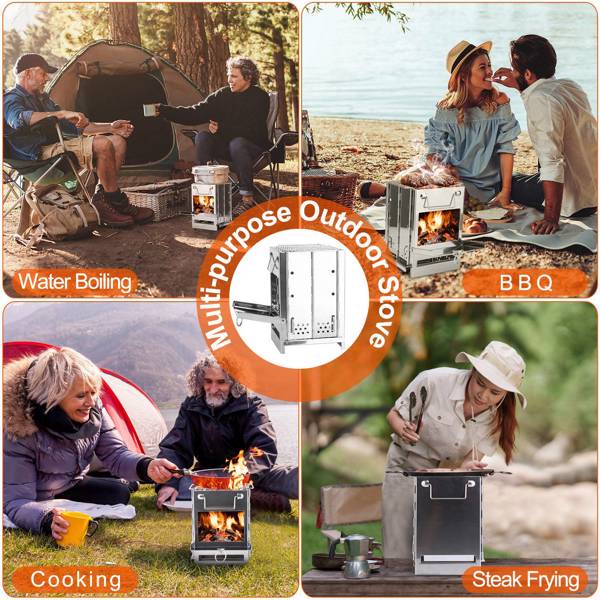 Foldable Camping Wood Burning Stove with Grill, Camp Stove Collapsible Backpacking Survival Stove Stainless Steel Campfire Stove for Outdoor Cooking Picnic Hiking BBQ (Sliver-Large)-2