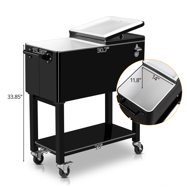 80 Quart Rolling Ice Chest, Portable Bar Drink Cooler with Catch Basin, Bottom Storage Tray and Bottle Opener for Patio Party BBQ Beach Activities-22