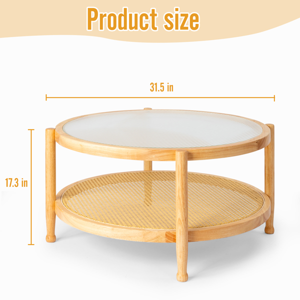 31.5in Rattan Coffee Table with Glass Top, Round End Table, Boho Style Side Table Sofa End Table for Living Room Balcony Patio, Natural-11