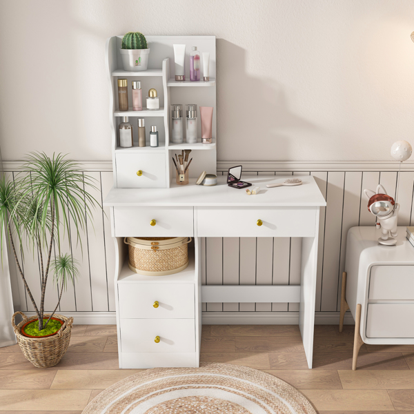 White dressing table, mirror and LED light, 5-drawer dressing table, movable and hidden mirror, 3-color mode touch screen, storage organizer for women's and girls' bedrooms -10
