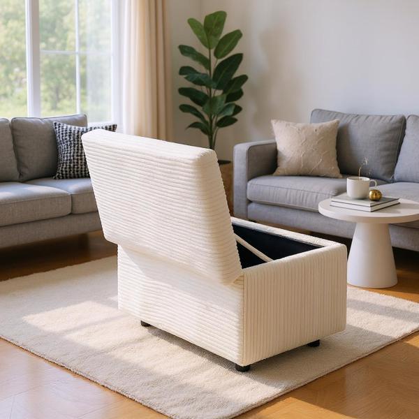Beige Corduroy Upholstered Storage Ottoman with Black Round Rubber Feet – 63×43×43cm, Hidden Storage with Soft Seating-5