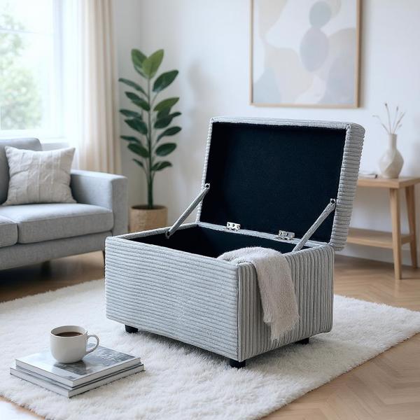 Light Gray Corduroy Upholstered Storage Ottoman with Black Round Rubber Feet – 63×43×43cm, Hidden Storage with Soft Seating-3