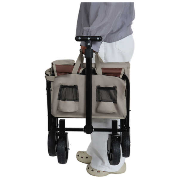 All-in-One Convertible Folding Camping Wagon Cart: Bench Seat, Storage Compartment & Included Dog Tether, Beige/Brown -15