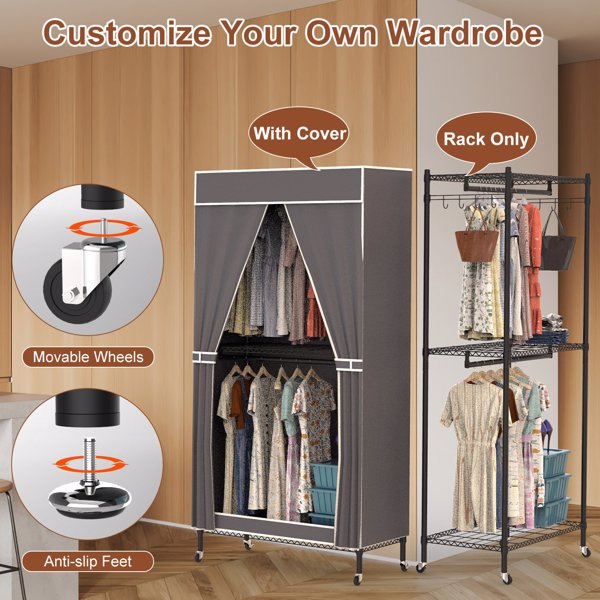 2 Tier Clothing Rack With Cover Portable Wardrobe Closet Covered Garment Rack with 4 Wheels 2 Hanging Rods 2 Hook Racks 35.43x17.13x72.44in-5