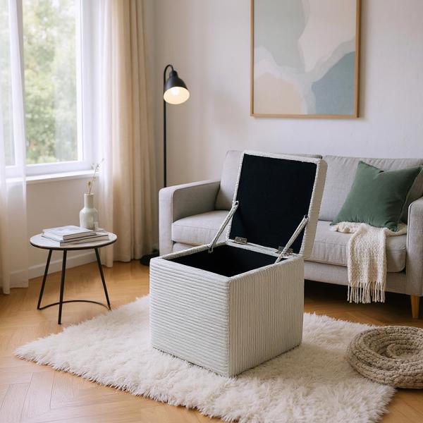 Light Gray Corduroy Storage Ottoman with Rubber Feet – Compact Soft Cube Seat, 42×42×44cm-3