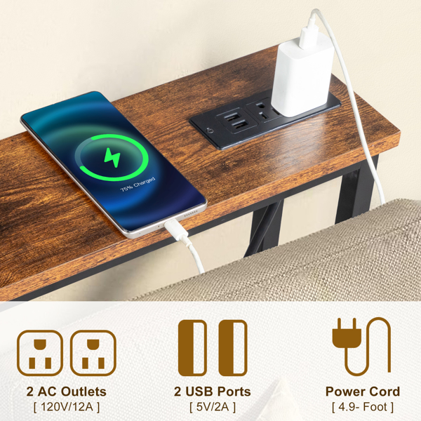 2 Pack 39.4" Narrow Console Sofa Table with Power Outlets and USB Ports, Long Couch Table with Metal Frame and Charge Station with 4.9ft Extension Cord, Rustic Brown-12