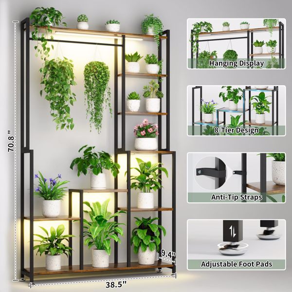 带生长灯的室内大型植物架，71 英寸高植物架，8 层重型金属植物架，方形花架展示架，适用于客厅、阳台、露台、花园-5