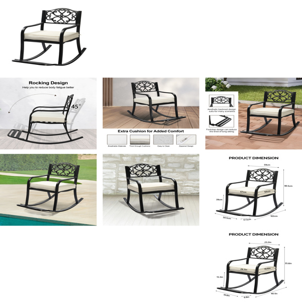 Metal Rocking Chair, Outdoor Rocking Bench with Cushion, Patio Rocker with Footrest, Weatherproof Rocking Chair for Outside, Patio, Garden, Flower Backrest-9