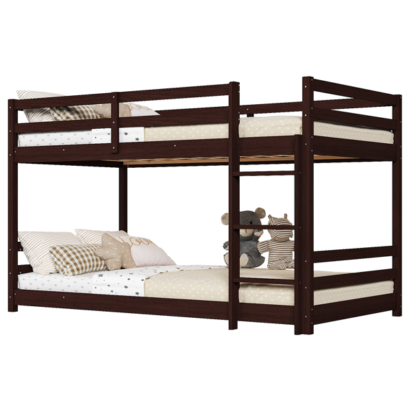Brown painted pine twin wooden bed with head and tail cross rails, can be split into single bed or bunk bed-5