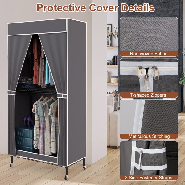2 Tier Clothing Rack With Cover Portable Wardrobe Closet Covered Garment Rack with 4 Wheels 2 Hanging Rods 2 Hook Racks 35.43x17.13x72.44in-1