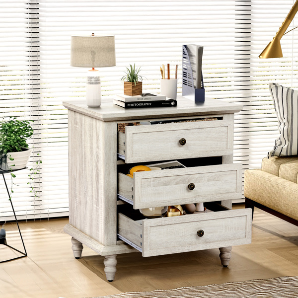 Retro white P2 particle board with 3D paper + solid wood legs 63*44.5*68.5CM three drawers bedside table 1pcs-7