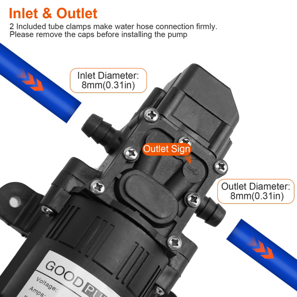 2PCS 12V Water Pump with 2 Hose Clamps 130PSI Self Priming Sprayer Pump 70W Electric Diaphragm Water Pump 6L/Min for RV Camper Marine Boat-4