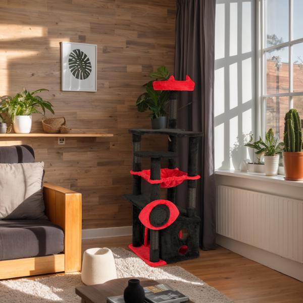 53" Large Cat Tree, Gothic Cat Tower with Padded Perch, Spacious Condo, Comfy Hammock, Scratching Post, Hanging Toy for Indoor Cats, Red & Black-9