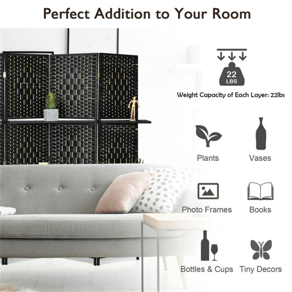 Foldable Room Screen with Storage Shelves - 106.5"x71" Max Size, Hand-Woven Fiber & Poplar Wood Frame, Black-5