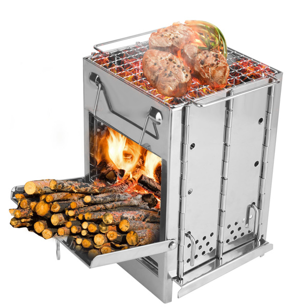 Foldable Camping Wood Burning Stove with Grill, Camp Stove Collapsible Backpacking Survival Stove Stainless Steel Campfire Stove for Outdoor Cooking Picnic Hiking BBQ (Sliver-Large)-8