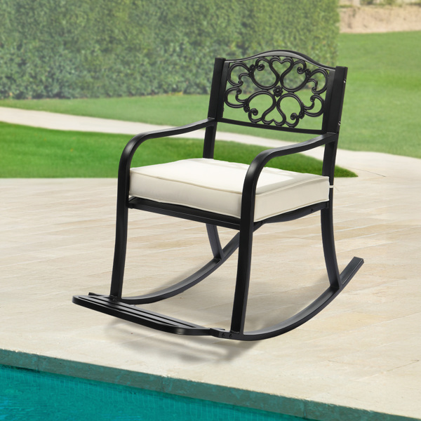 Metal Rocking Chair, Outdoor Rocking Bench with Cushion, Patio Rocker with Footrest, Weatherproof Rocking Chair for Outside, Patio, Garden, Flower Backrest-5