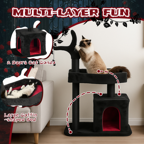 44.5" Heavy Duty Gothic Cat Tree Large Cat Tower Cat Tree for Indoor Cats Spacious Cat Condo Coffin for Large Cats Scratching Posts Hanging Ball Pet Activities Platform Cat Furniture-5