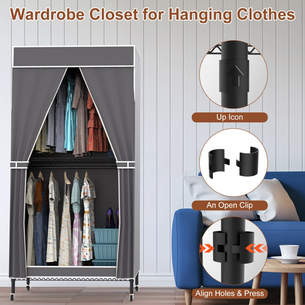 2 Tier Clothing Rack With Cover Portable Wardrobe Closet Covered Garment Rack with 4 Wheels 2 Hanging Rods 2 Hook Racks 35.43x17.13x72.44in-2