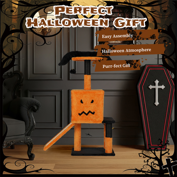 39.4" Halloween Cat Tree, Cat Tower Cat Tree for Indoor Cats with Spacious Cat Condo, Sisal Scratching Posts, Hanging Toys, Orange & Black-7