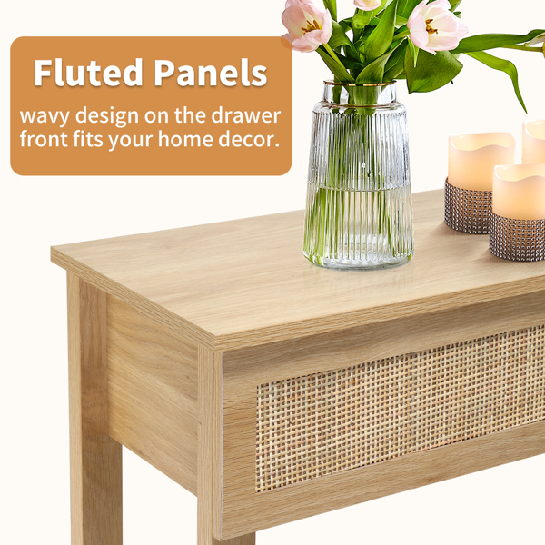 Boho Style Rattan Console Table with 3 Drawers and Open Storage Shelf, Entryway Table Narrow Long Sofa Table Hallway Foyer Table Behind Couch Table, Natural Wood-10