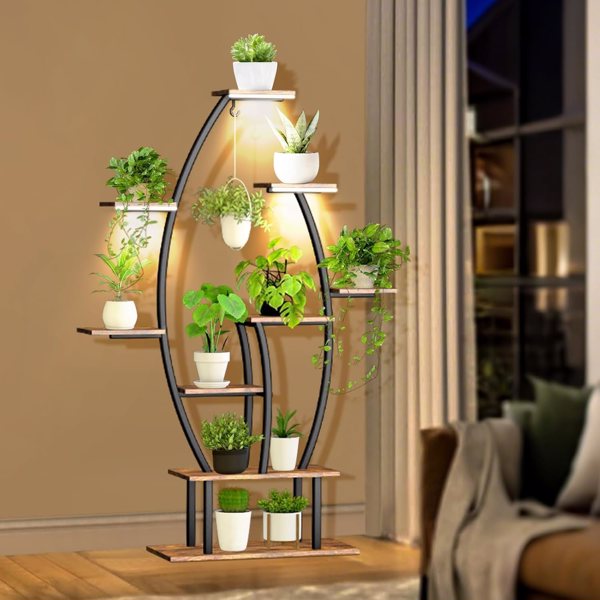 Plant Stand Indoor with Grow Lights, 9 Tiered Indoor Plant Shelf, 59" Tall Corner Plant Stand for Indoor Plants Multiple, Metal Plant Flower Holder, Leaf-Shaped Plant Rack for Home,Patio-6
